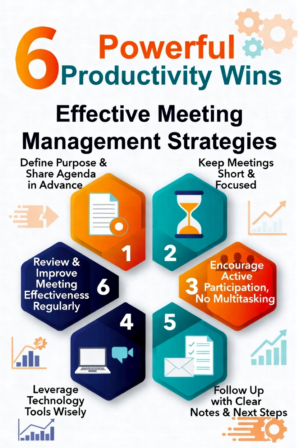 Vibrant infographic displaying 6 Powerful Productivity Wins for Effective Meeting Management Strategies in colorful hexagonal design