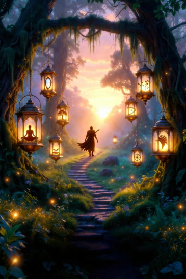 A person walking on a magical forest path with 8 glowing lanterns symbolizing key learnings for life transformation.