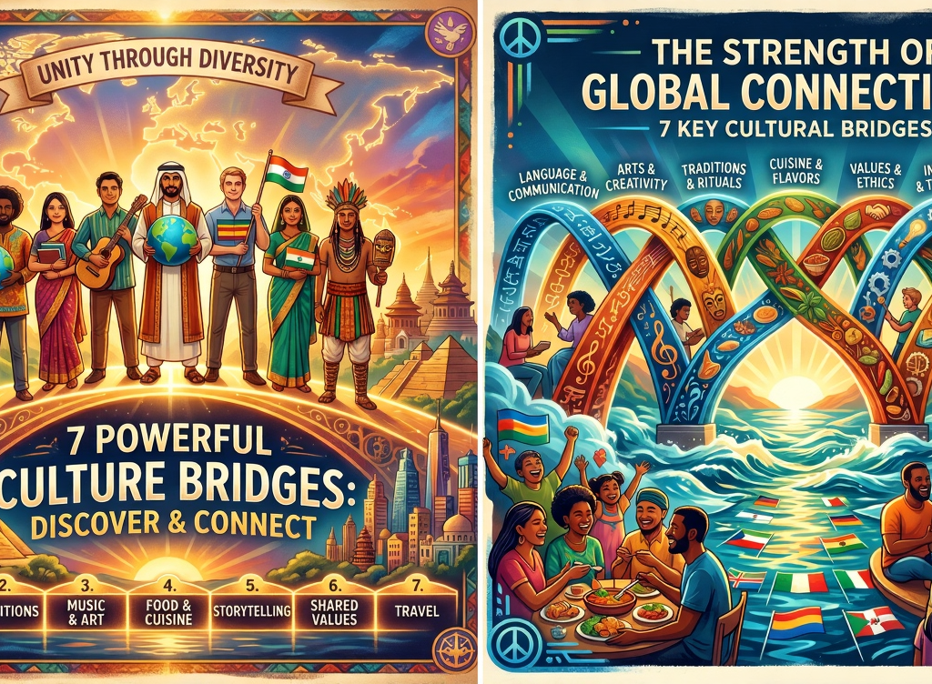 A vintage-style poster featuring diverse people standing atop a grand stone bridge, with seven arches showcasing icons of music, art, cuisine, language, festivals, trade, culture and technology.