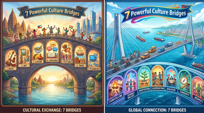 A vibrant, modern infographic-style image of a cable-stayed bridge over water, with glowing panels below representing storytelling, shared values, adaptation, cooperation, dialogue, curiosity, culture and respect.