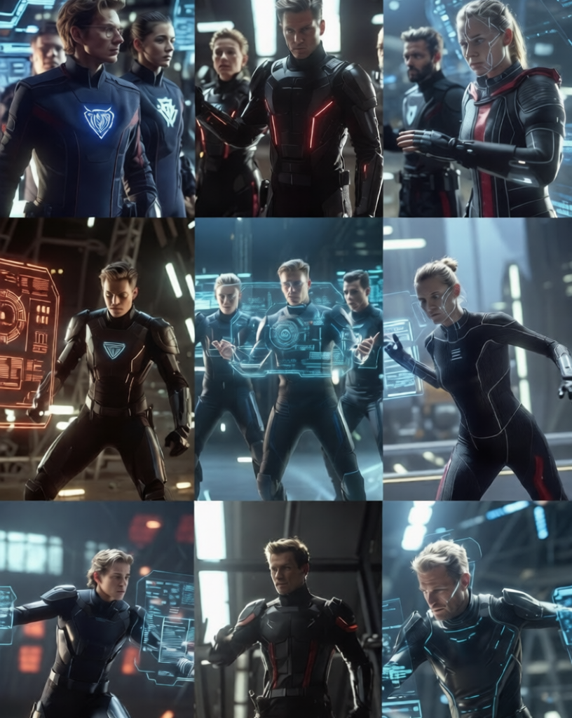 Seven powerful autonomous leaderless teams in futuristic tactical gear operating independently