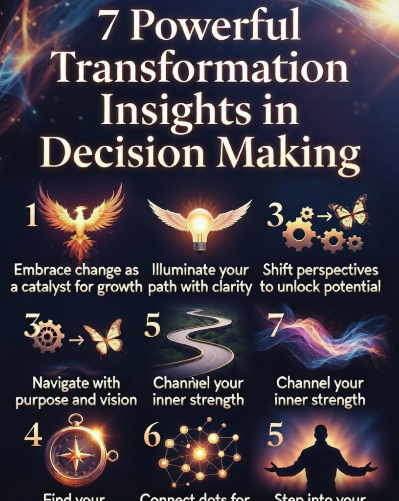 
Motivational poster displaying 7 powerful transformation insights in decision making with symbolic icons like phoenix, lightbulb, compass, and butterfly on a dark cosmic background.