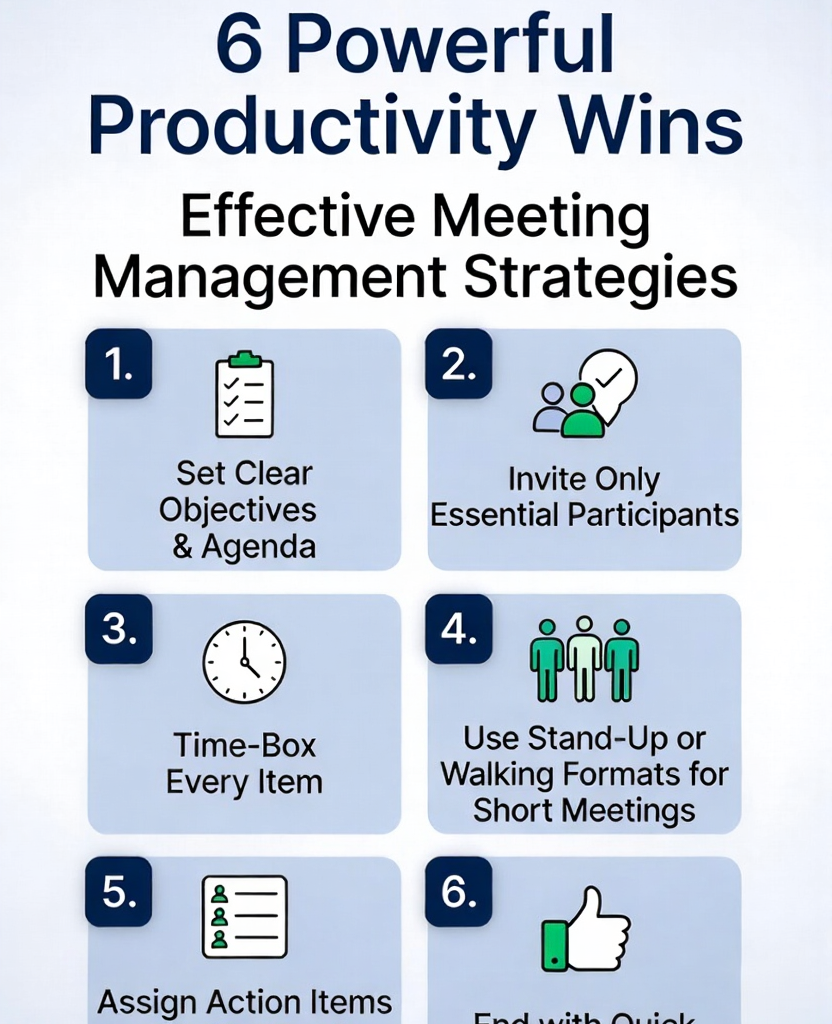 6 Powerful Productivity Wins - Effective Meeting Management Strategies infographic with 6 key tips in a clean grid layout