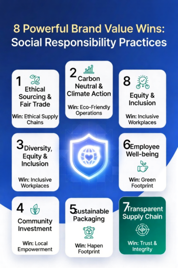8 Powerful Brand Value Wins: Social Responsibility Practices infographic