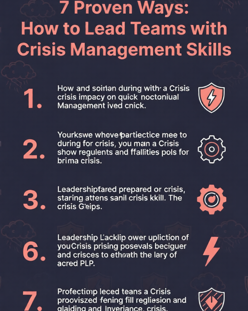 Infographic titled "7 Proven Ways: How to Lead Teams with Crisis Management Skills" displaying 7 numbered crisis leadership strategies with shield and lightning bolt icons.