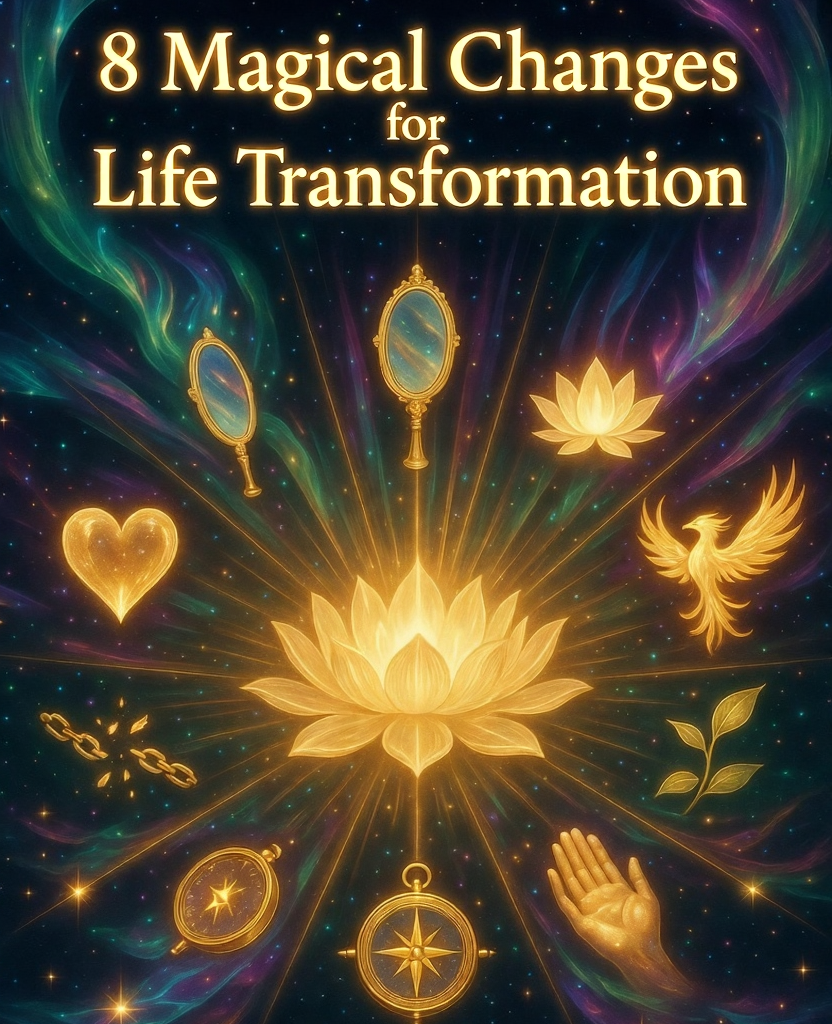 Magical glowing lotus with 8 golden symbols representing life transformation learnings against a cosmic starry background.