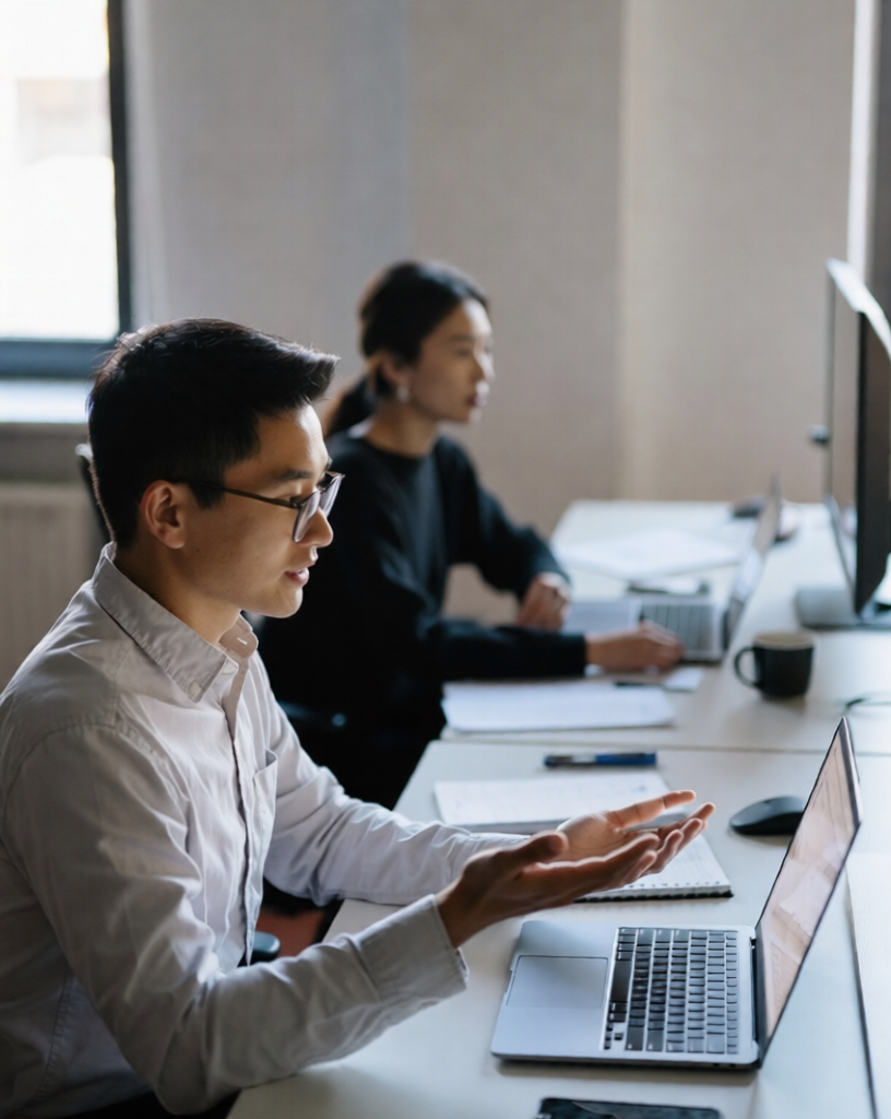 9 Smart Ways Managing Global Teams Time Zones: Young Asian professional in white shirt gesturing while on a video call at his desk, managing a global team remotely, with a female colleague working in the background.