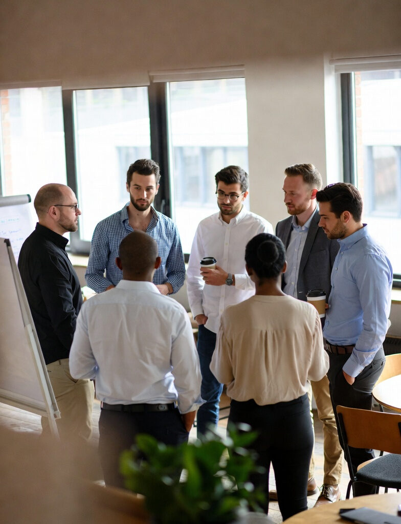 Infographic showing the 7 proven stages to build a fearless team through psychological safety in a modern office setting.