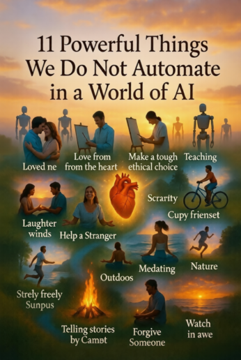 11 Powerful Things We Do Not Automate in a World of AI - Emotional artistic illustration with humans and robots