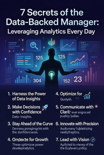 Motivational digital artwork titled "7 Secrets of the Data-Backed Manager" featuring a confident leader silhouette surrounded by glowing data charts and analytics icons.