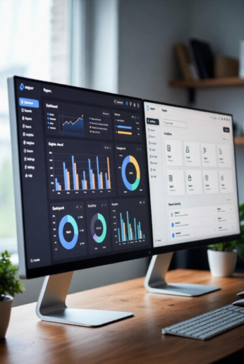 Dual computer monitors on a wooden desk displaying modern AI dashboards and analytics for managers, titled "7 Powerful AI Tools Every Manager Must Monitor for Smarter Decisions".