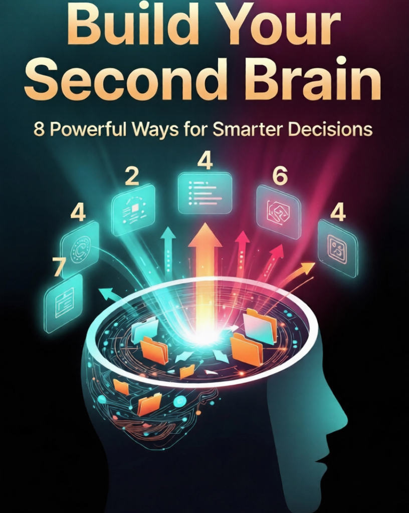 Choice And Ethics:Futuristic glowing digital brain with neural connections and 8 productivity icons representing ways to build a Second Brain framework