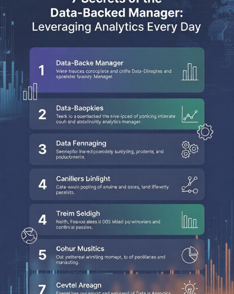 7 Secrets of the Data-Backed Manager: Leveraging Analytics Every Day Leveraging Analytics:Infographic titled "7 Secrets of the Data-Backed Manager: Leveraging Analytics Every Day" showing seven key principles with icons and charts on a dark blue background.