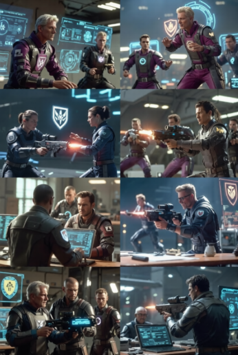 Seven powerful autonomous leaderless teams in action with purple and dark tactical armor