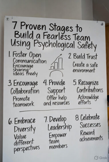 Handwritten-style poster displaying the 7 proven stages to build a fearless team through psychological safety.