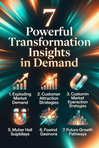 Dynamic business poster showcasing 7 powerful transformation insights in demand with modern icons like growth charts, magnet, and futuristic cityscape on a vibrant teal and orange background.