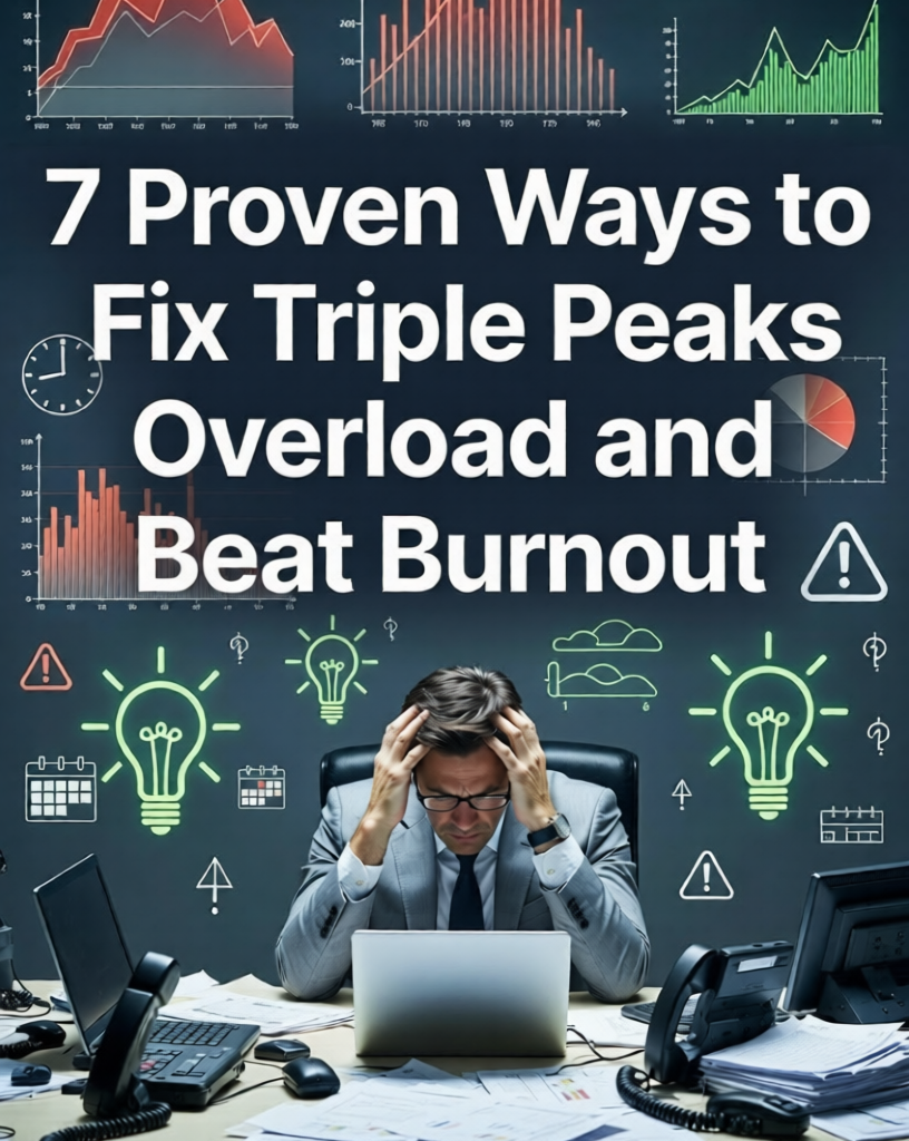 Stressed man at desk with hands on head, surrounded by overload charts and warning icons, text "7 Proven Ways to Fix Triple Peaks Overload and Beat Burnout"