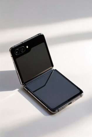iPhone Fold 2026 in partially open position, showing the black titanium finish, dual camera system, and sleek foldable design on a clean white background.