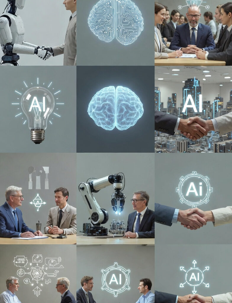 Why AI Is a Partner, Not a Tool Collage of 11 futuristic images showing AI as a true collaborator — robot handshakes, glowing AI brains, business meetings with AI, lightbulb with AI text, and human-AI teamwork visuals.