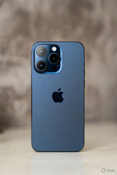 iPhone 18 Pro in deep blue titanium finish with triple 48MP camera array.
