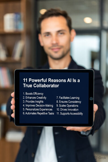 A professional man in a suit holding a tablet displaying the title "11 Powerful Reasons AI Is a True Collaborator" with a numbered list of 11 benefits of AI collaboration.