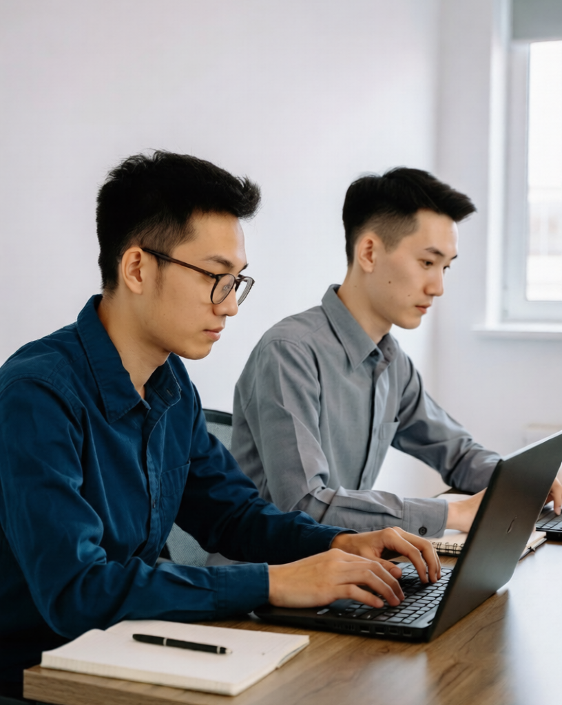 AI Can Code:Two young developers focused on coding on laptops