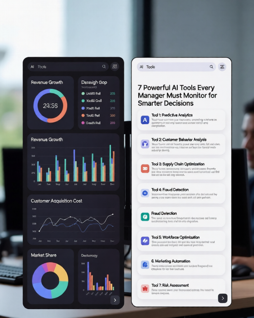 7 Powerful AI Tools Every Manager Must Monitor for Smarter Decisions Futuristic AI dashboard displaying 7 powerful AI tools every manager must monitor for smarter business decisions.
