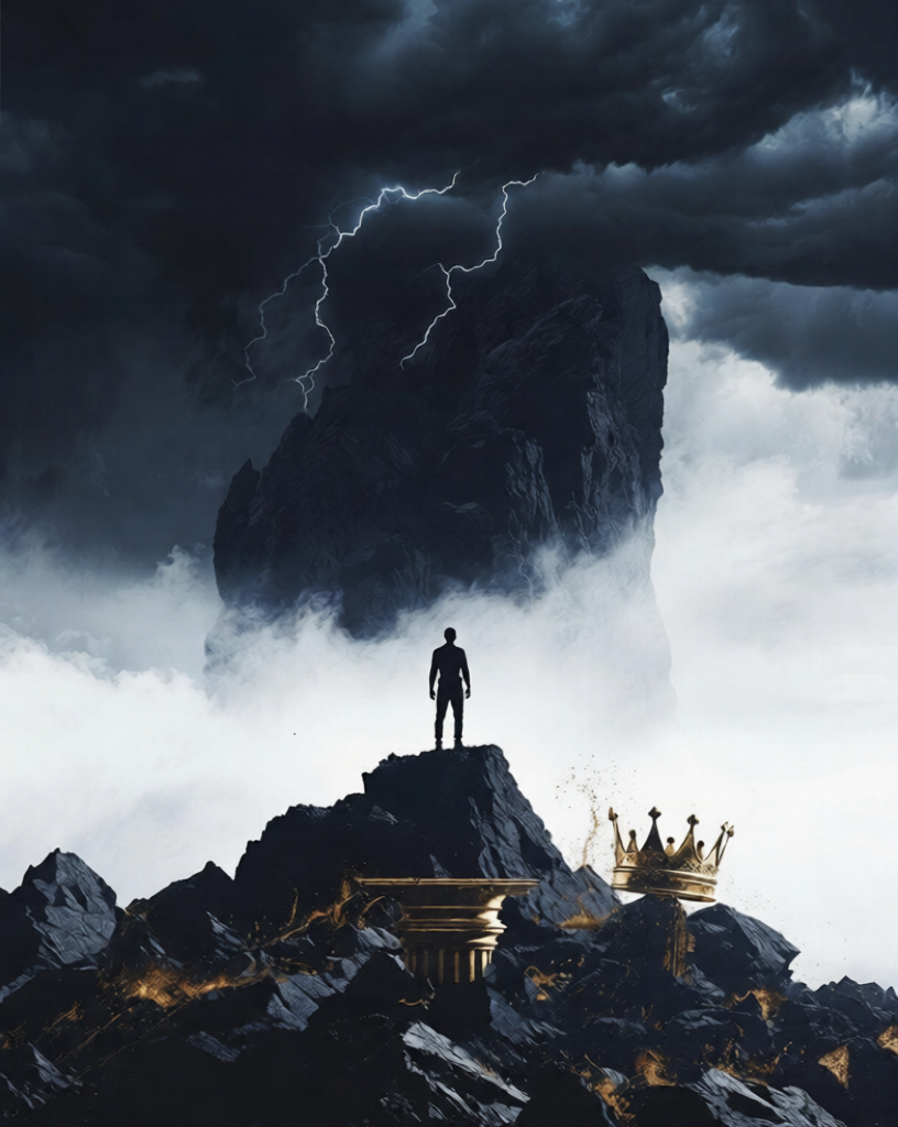 Wisdom:The 7 Hard Truths About Leadership Everyone Gets Wrong – lone leader on stormy mountain with broken crown