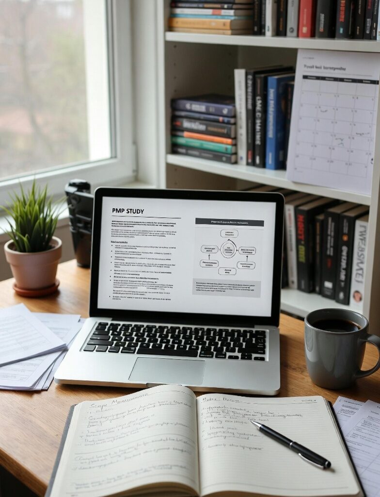 7 Powerful Study Strategies to Master Your PMP Exam Journey (Complete Guide) PMP exam study strategies displayed on a laptop with notebooks, books, and coffee on a desk.