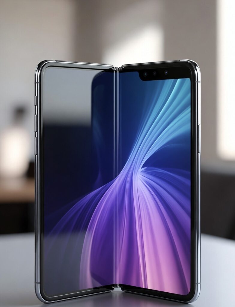 Game Changer:Futuristic iPhone Fold 2026 in open position, showing a seamless folding OLED display with vibrant blue-purple gradient wallpaper.