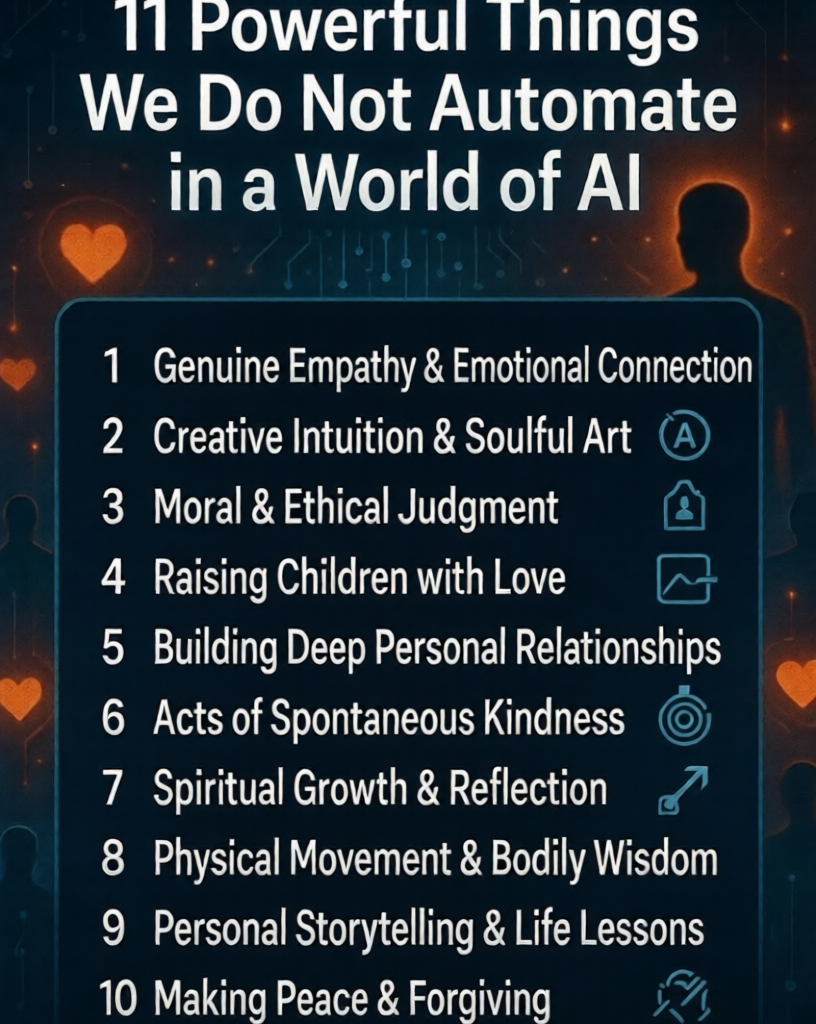 11 Powerful Things We Do Not Automate in a World of AI Decision:11 Powerful Things We Do Not Automate in a World of AI - Clean infographic with numbered list and icons