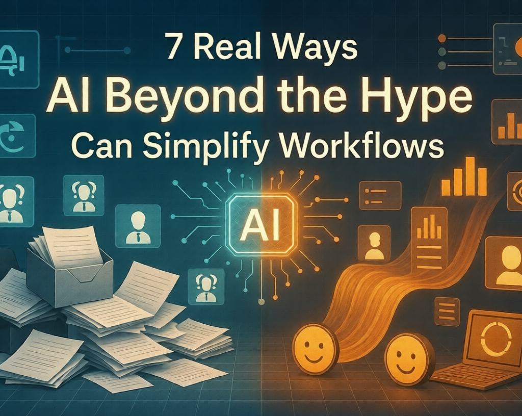 7 Real Ways AI Beyond the Hype Can Simplify Workflows Simplify Workflows:Futuristic AI neural network simplifying digital workflows with glowing productivity icons