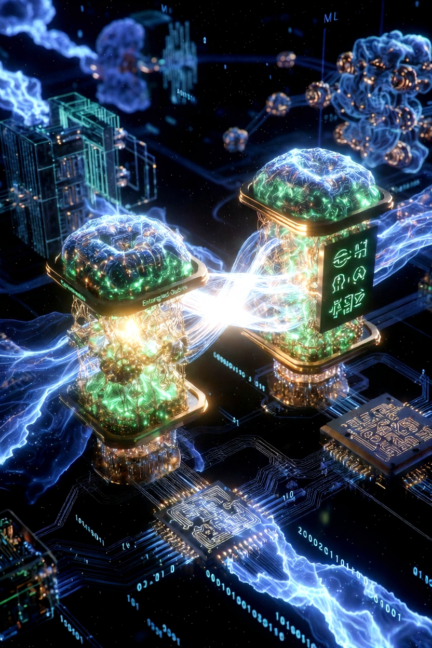 Quantum entanglement in QML with two correlated qubits connected by glowing energy links