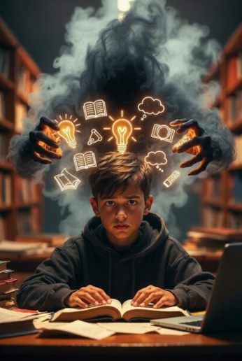 Dark fog creature stealing glowing ideas and focus from a young student in library