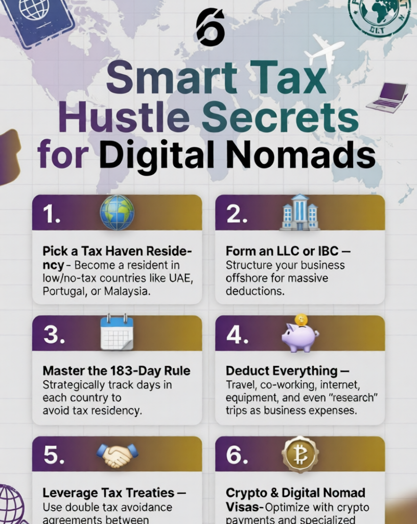 6 Smart Tax Hustle Secrets for Digital Nomads infographic with world map and icons