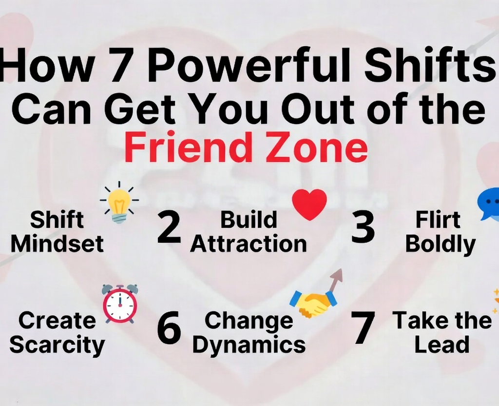 Newly Appointed: Infographic listing 7 Powerful Shifts to Get Out of the Friend Zone with icons by KritiInfo