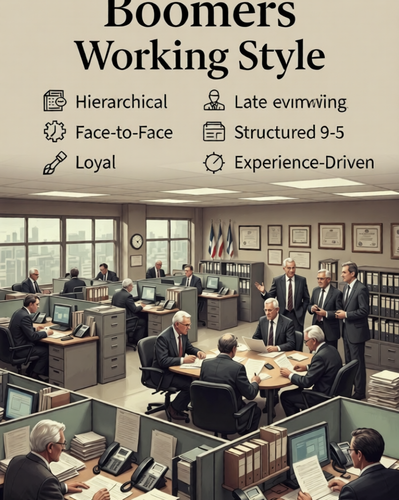 How 5 Shocking Working Style Differences Between Gen Z and Boomers Are Powerfully Transforming Every Workplace Working Style:Traditional corporate office showing Baby Boomers working in hierarchical 9-5 environment