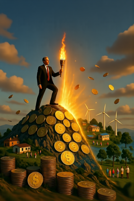 Business leader on coin mountain holding purpose torch with windmills