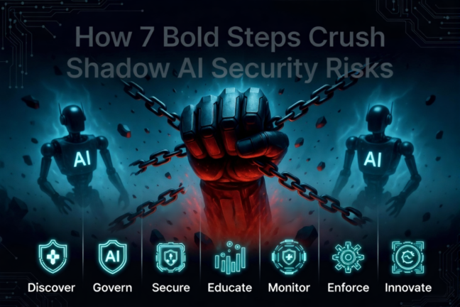 Powerful armored fist smashing through chains and shadowy AI robots, illustrating 7 bold steps to crush Shadow AI security risks.