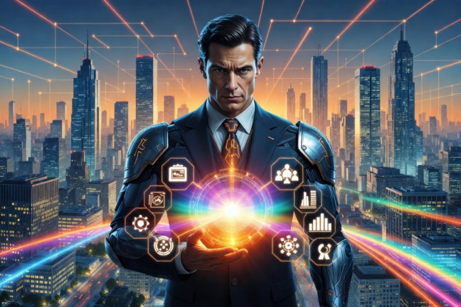 Powerful business superhero with glowing management orb and strategy icons over city skyline