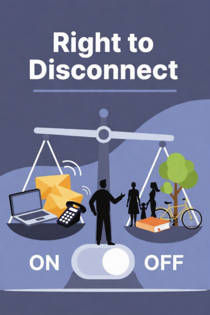 Balance scale showing work vs personal life with Right to Disconnect toggle switch