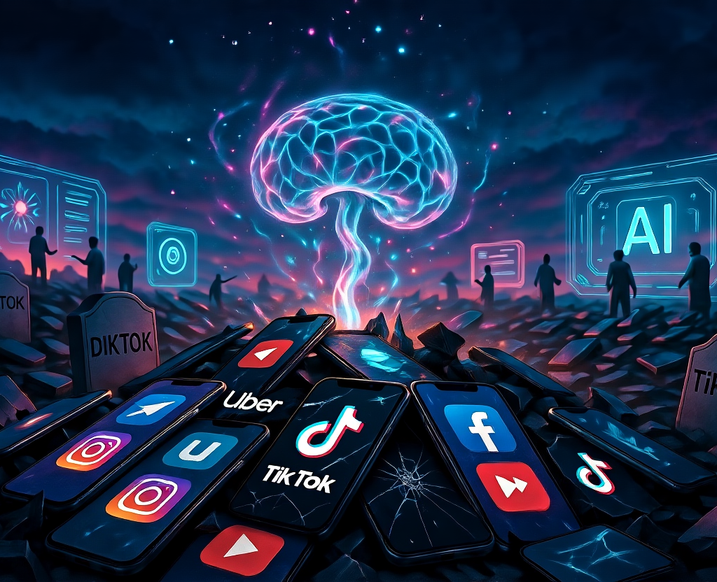 The Death Of Apps:Dramatic digital graveyard with broken smartphones and dying app icons, as Ambient AI rises powerfully from the ruins.