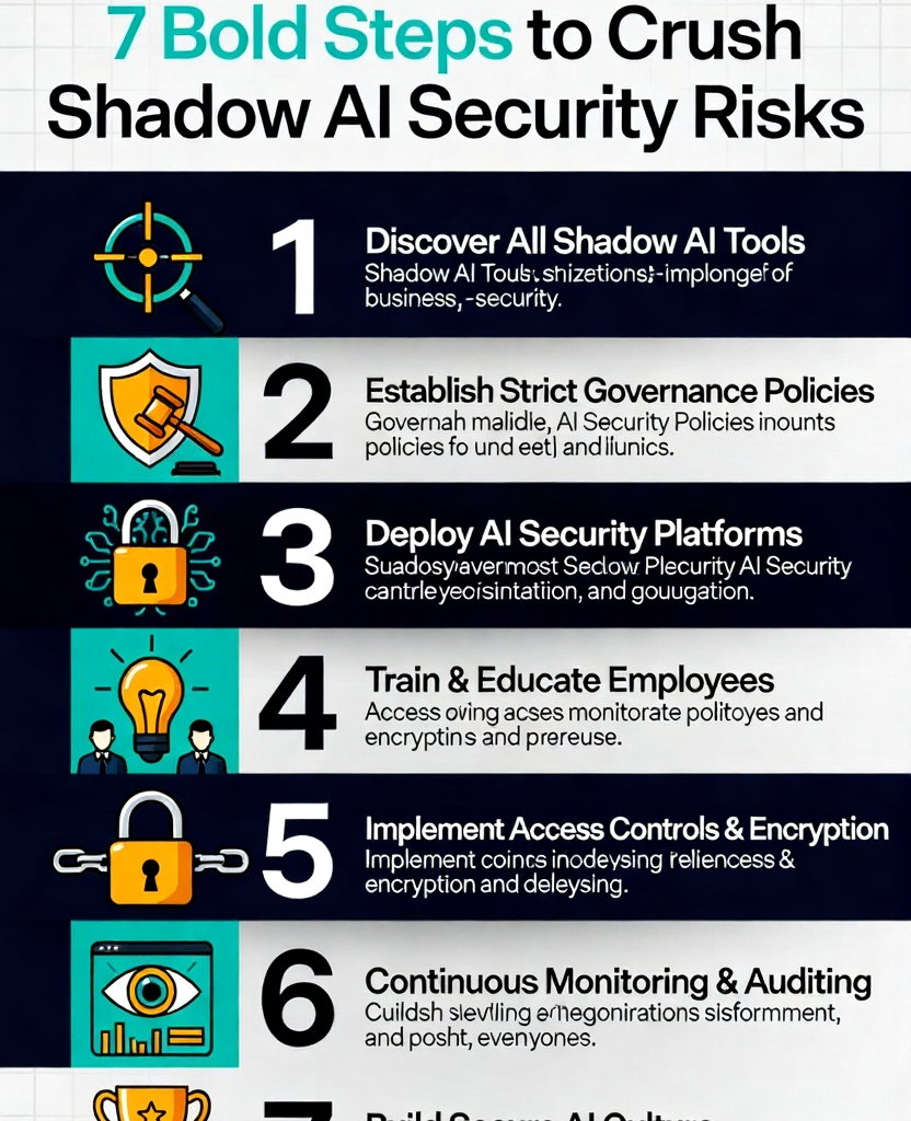 Create two images of How 7 Bold Steps Crush Shadow AI Security Risks
Image 1: Bold Title Poster

Image 2: 7 Steps InfographicAlt txt,title,caption,description,excerpt,tag for both the images in shortImage 1 (Dramatic Poster)

Alt Text: Powerful armored fist smashing through chains and shadowy AI robots, illustrating 7 bold steps to crush Shadow AI security risks.
Title: How 7 Bold Steps Crush Shadow AI Security Risks
Caption: Smash Shadow AI Risks with 7 Bold Steps
Description: Epic cyberpunk-style poster showing a massive fist breaking security chains and shadow AI threats, with 7 glowing steps below.
Excerpt: Discover, govern, secure, educate, monitor, enforce, and innovate — 7 powerful steps to eliminate Shadow AI dangers.
Tags: shadow AI, AI security, cybersecurity, infographic, risk management


Image 2 (Step-by-Step Infographic)

Clean infographic displaying 7 bold steps to crush Shadow AI security risks with icons and descriptions.