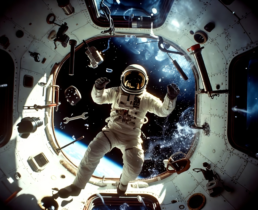 Astronaut floating in zero gravity inside a spacecraft with Earth in the background