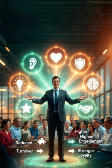 Inspirational image of a leader surrounded by 7 glowing empathetic leadership icons with happy team and retention benefits