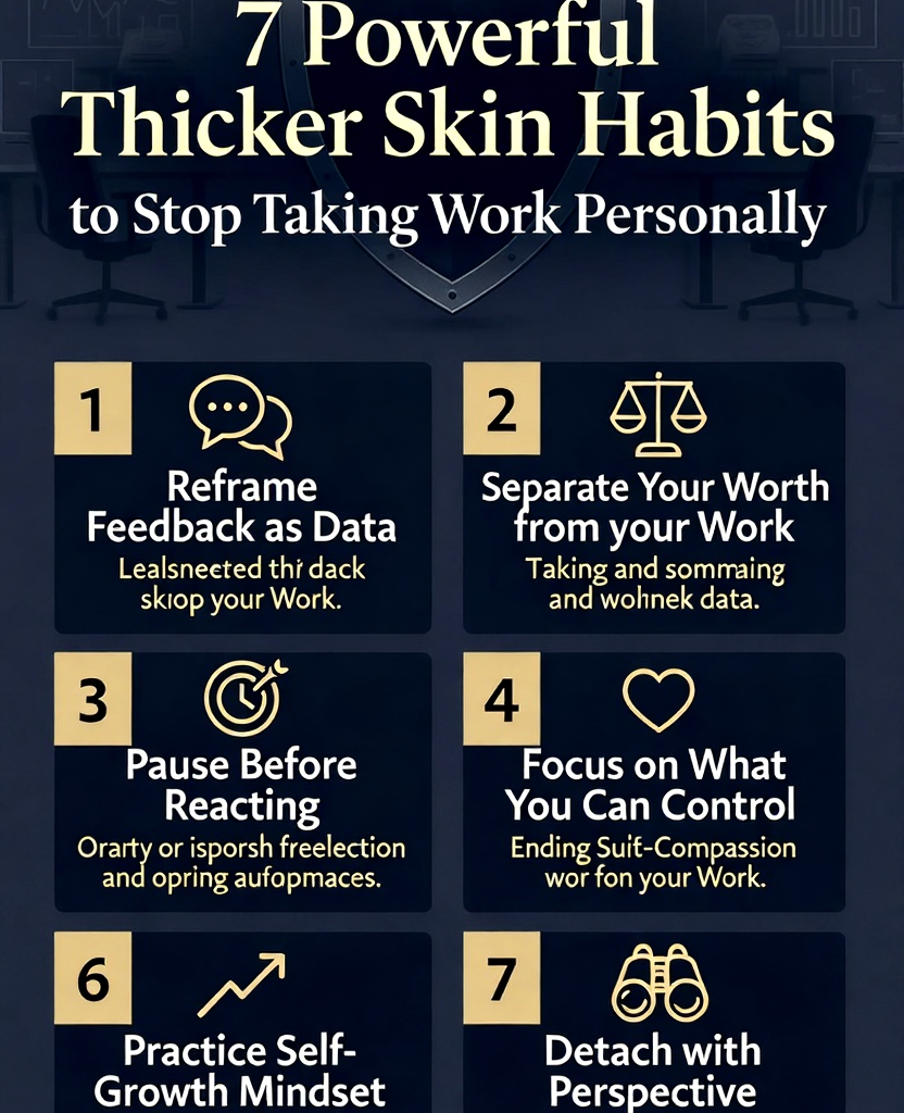 7 Powerful Thicker Skin Habits infographic to stop taking work personally