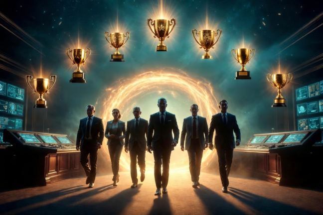 Diverse C-Suite executives walking into future through glowing portal with golden trophies representing 7 powerful wins