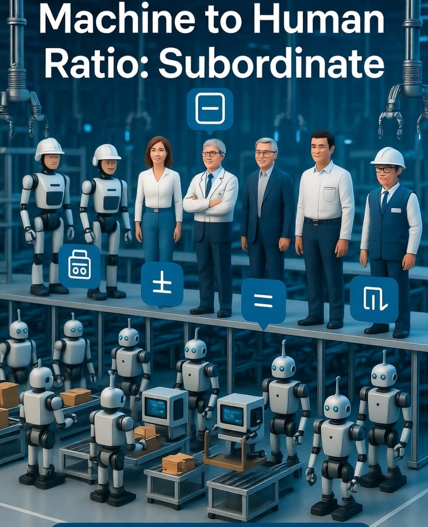 Humans supervising subordinate robots in a factory, 1:10 machine to human ratio