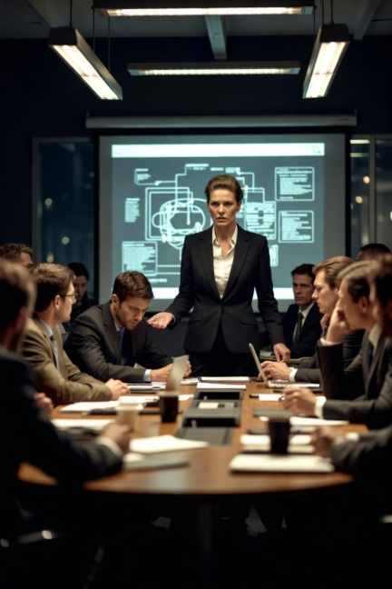 Toxic female boss stealing credit for employee's work in boardroom meeting