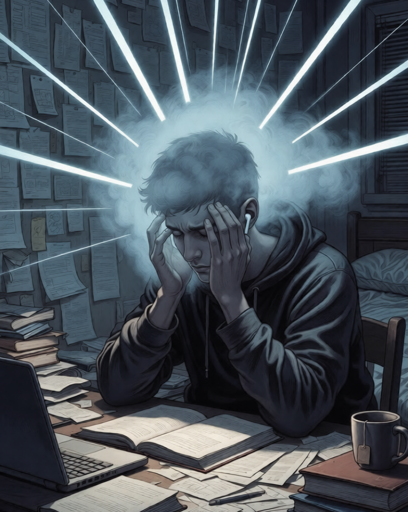 Stressed student with brain fog cloud stealing focus while studying at desk
